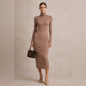 KOOKAI Wool Midi Dress Taupe Turtleneck Bodycon Minimalist Quiet Luxury XS S
